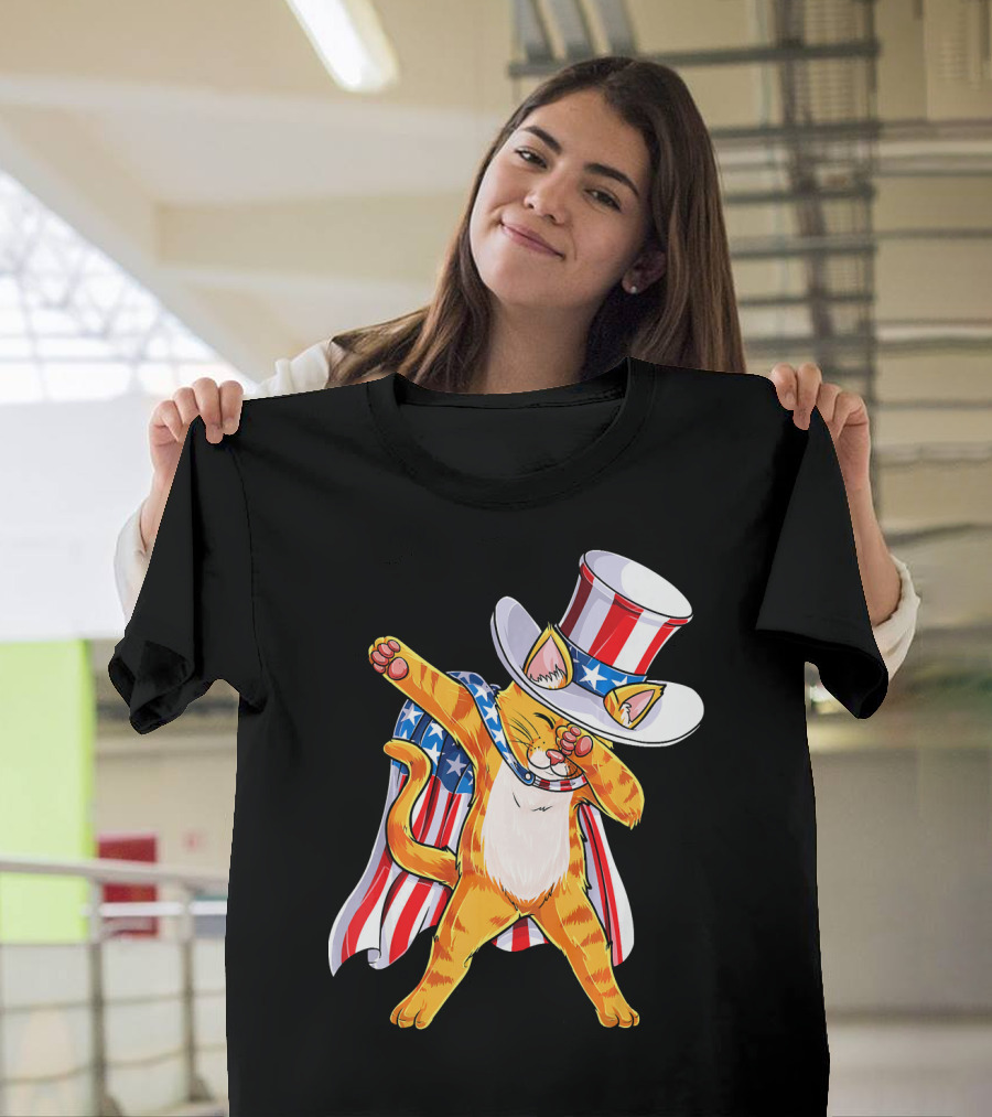Meowica Cat Dabbing In Uncle Sam Hat And American Flag Cape T-Shirt