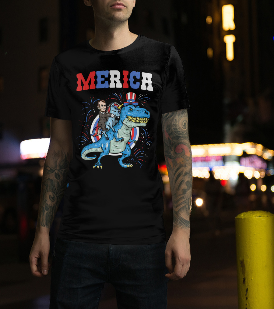 Merica Abe Lincoln Riding Unicorn On T-Rex With Patriotic Hat T-Shirt