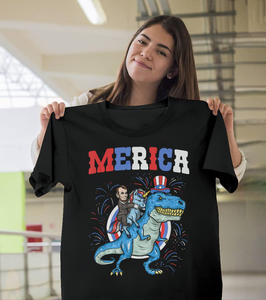 Merica Abe Lincoln Riding Unicorn on T-Rex with Patriotic Hat T-Shirt