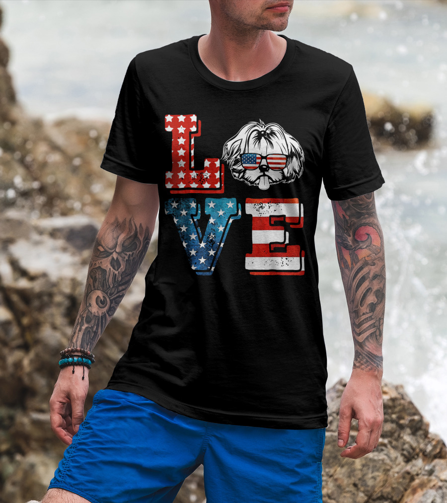 Love Shih Tzu Patriotic American Flag Sunglasses T-Shirt