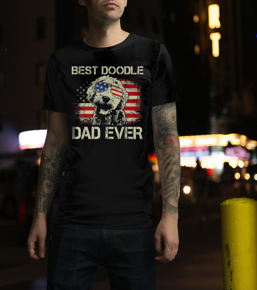 Best Doodle Dad Ever USA Flag Sunglasses Dog T-Shirt