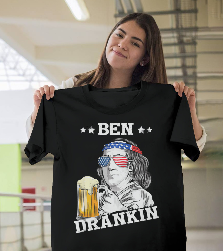 Ben Drankin Patriotic 4th of July American Flag Beer Glass USA Sunglasses T-Shirt
