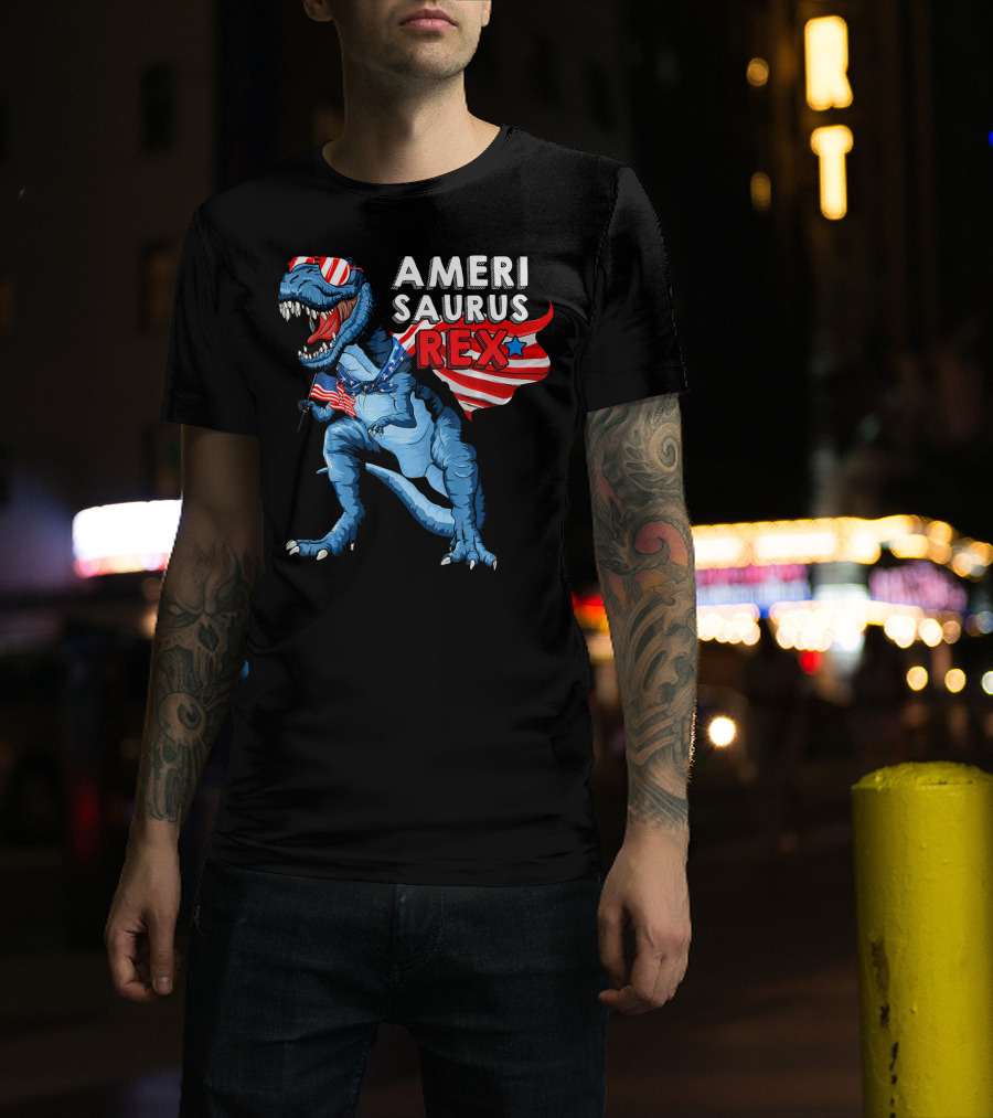 AMERISAURUS REX Dinosaur American Flag Stars Stripes T-Shirt