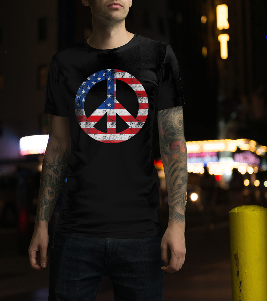 Vintage Patriotic Peace Sign American Flag T-Shirt