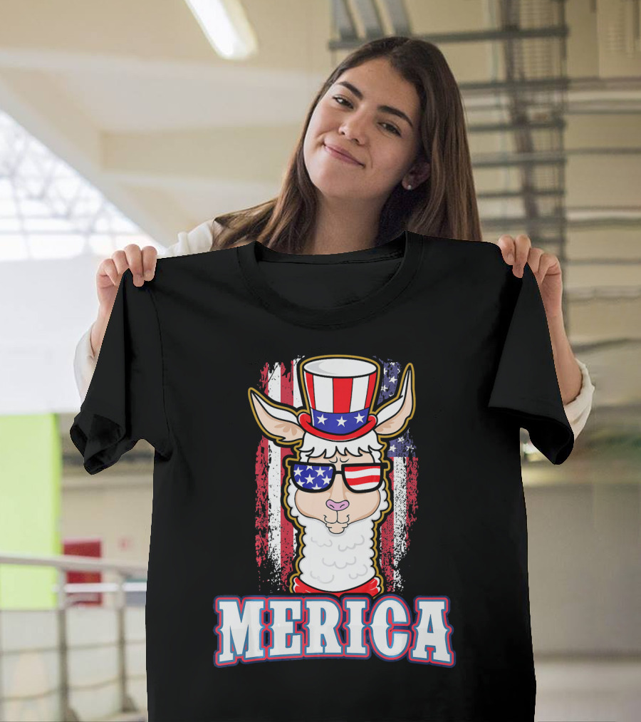 Patriotic Llama Merica American Flag US T-Shirt
