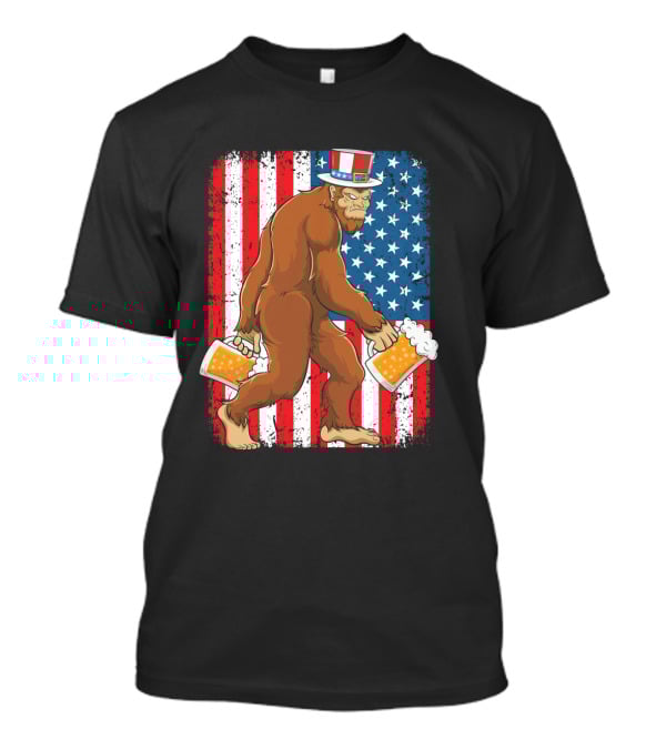 Bigfoot USA Flag Uncle Sam Hat With Beer T-Shirt