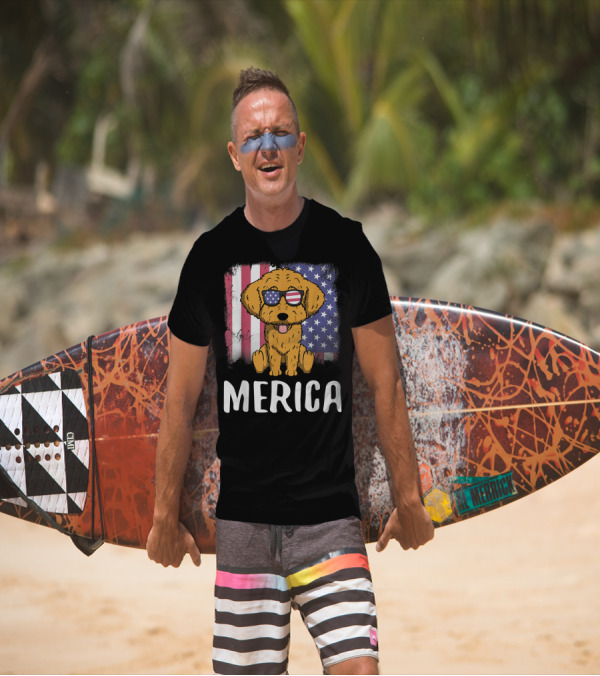 Merica Goldendoodle Dog With American Flag Sunglasses And US Flag Background T-Shirt