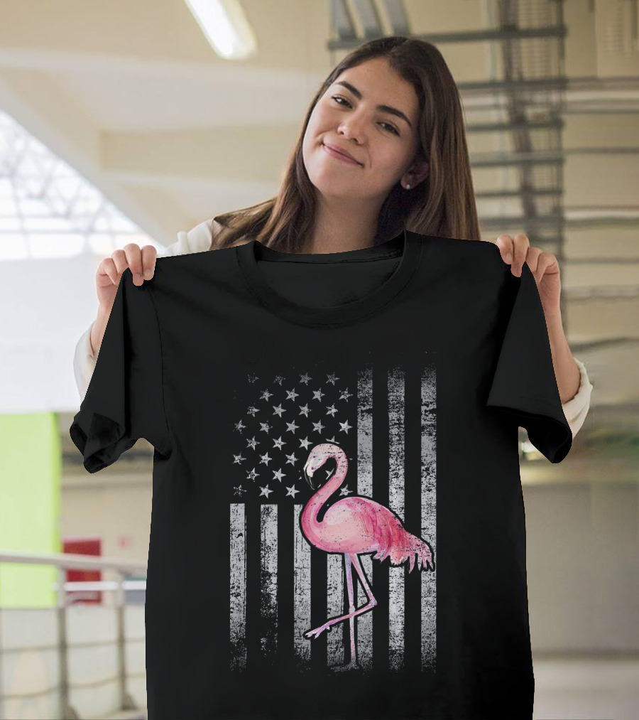 American Flag Stars and Stripes Pink Flamingo Patriotic T-Shirt