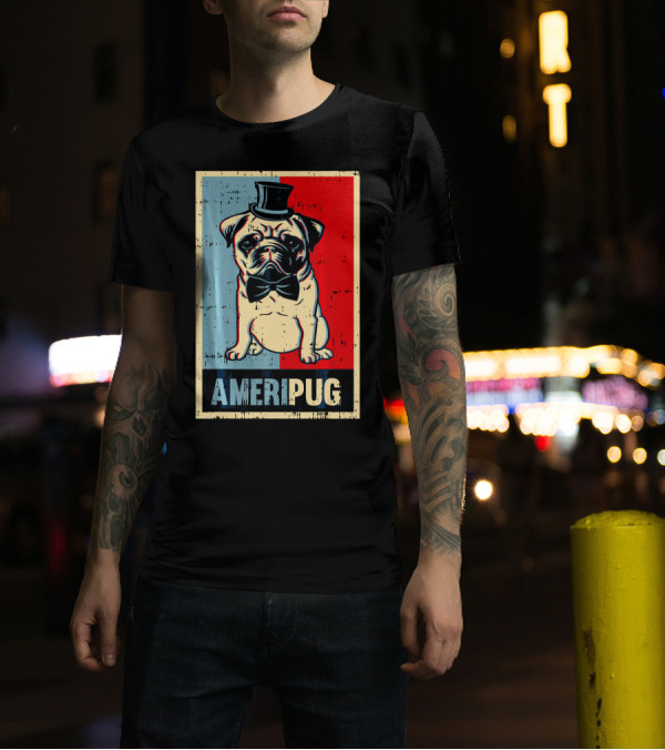 Ameripug Top Hat Bowtie Red Blue 4th Of July T-Shirt