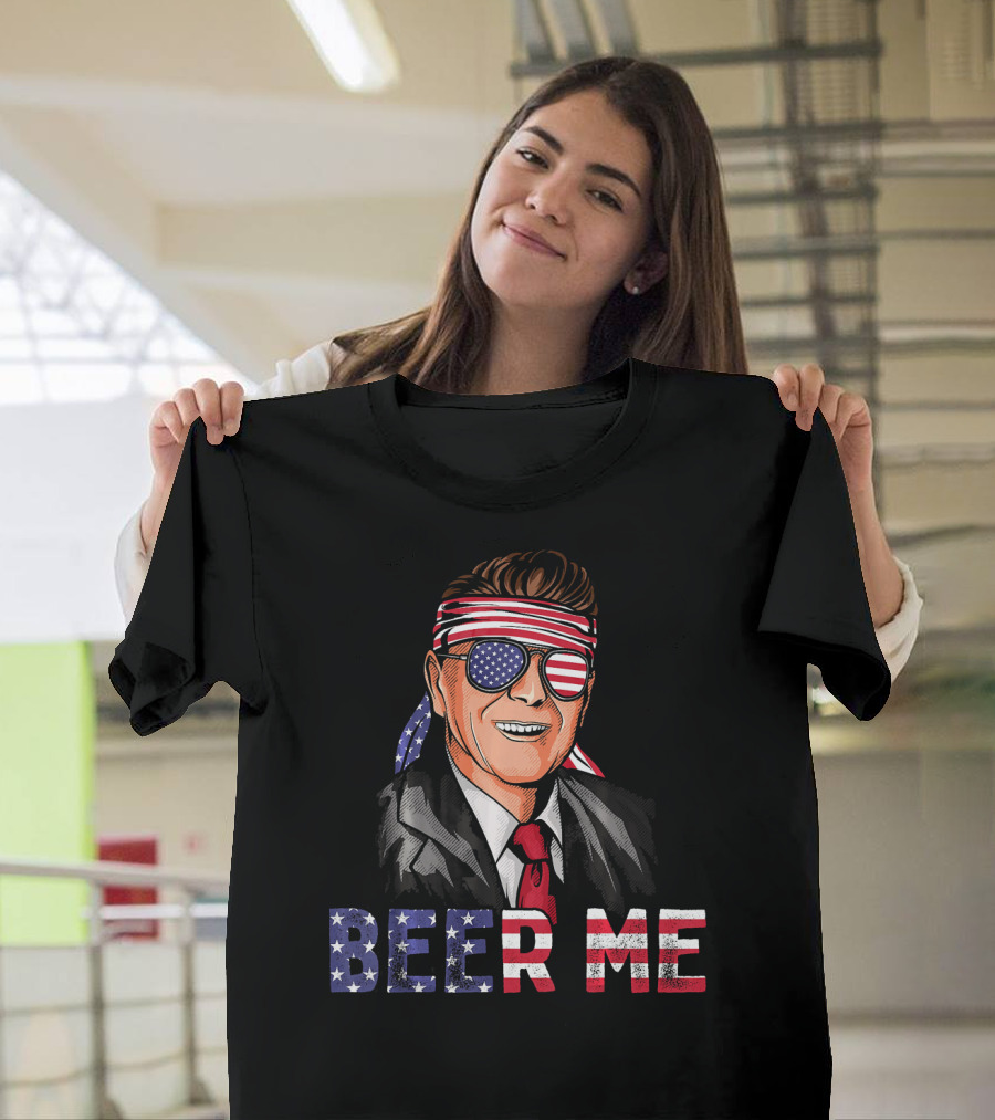 Ronald Reagan Beer Me Patriotic American Flag Bandana And Sunglasses T-Shirt