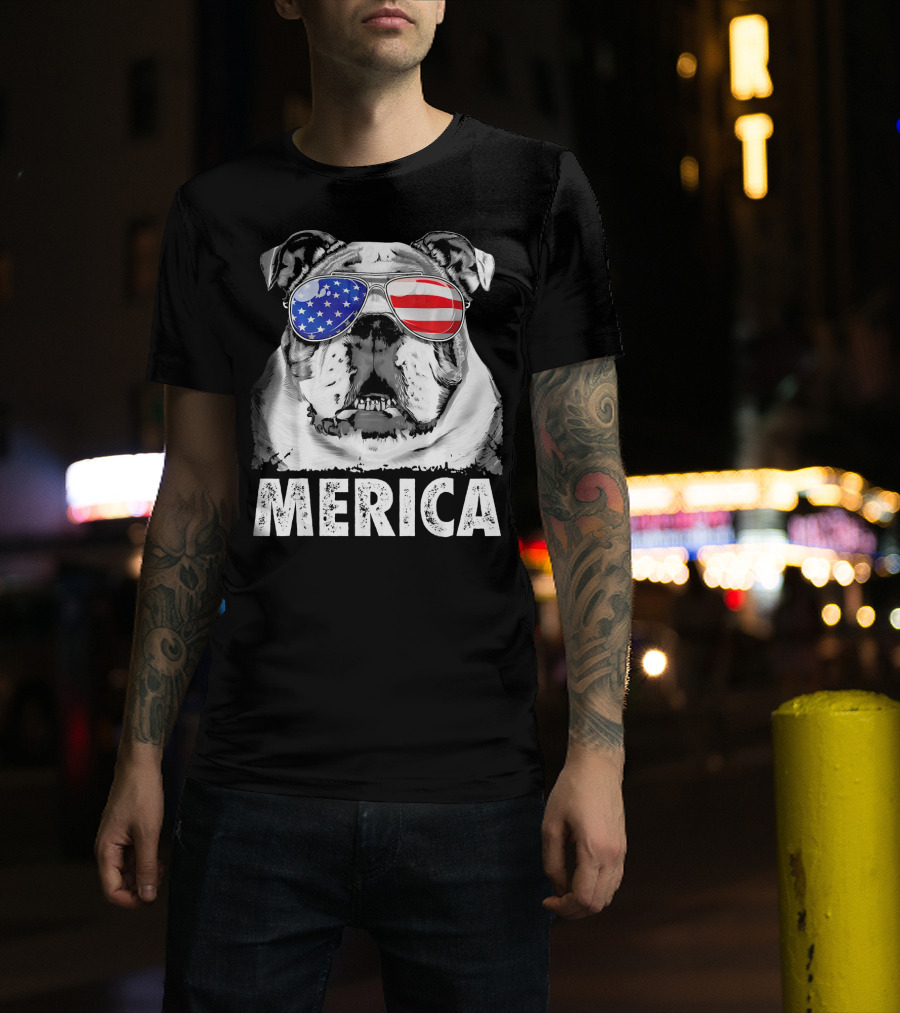 English Bulldog 4th Of July Merica With American Flag Sunglasses T-Shirt