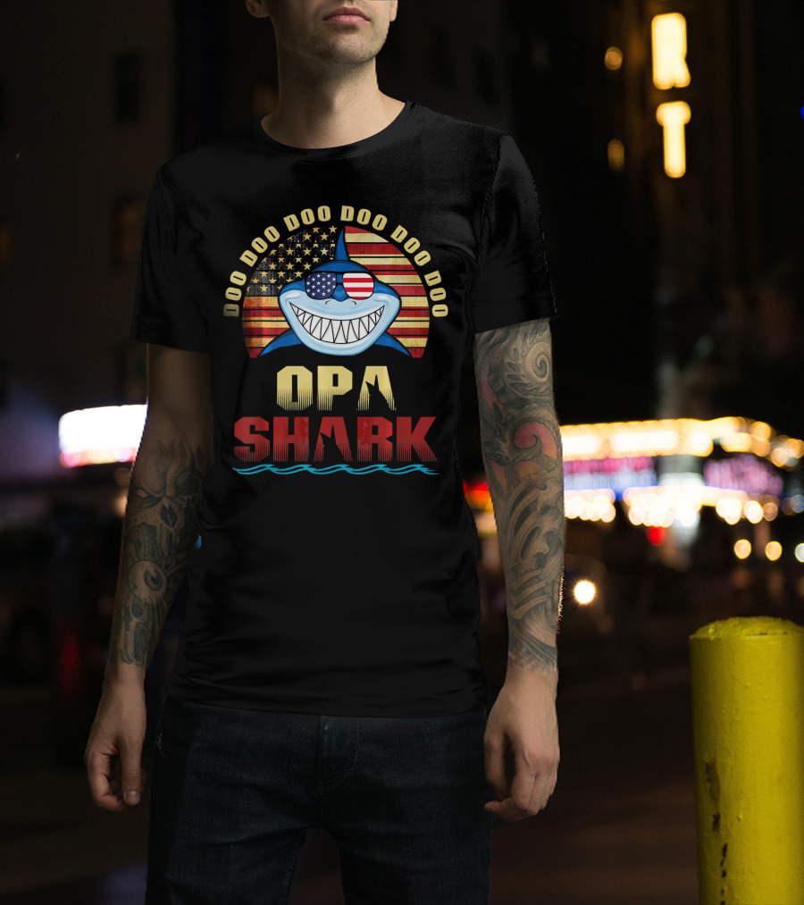 Doo Doo Doo Doo Doo Opa Shark American Flag Fathers T-Shirt