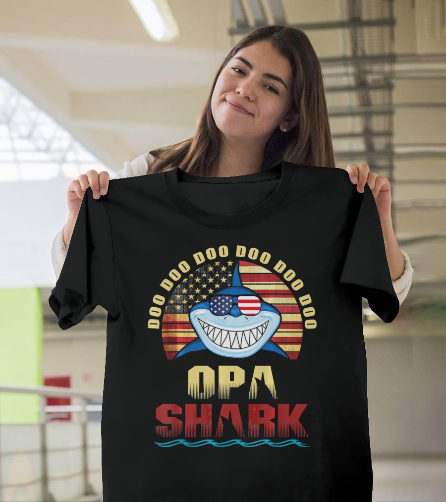 Doo Doo Doo Doo Doo Opa Shark American Flag Fathers T-Shirt