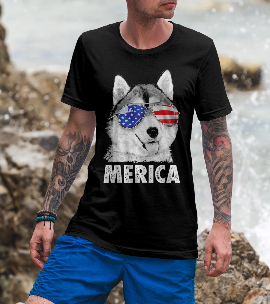 Siberian Husky Merica With 4th Of July American Flag Sunglasses T-Shirt