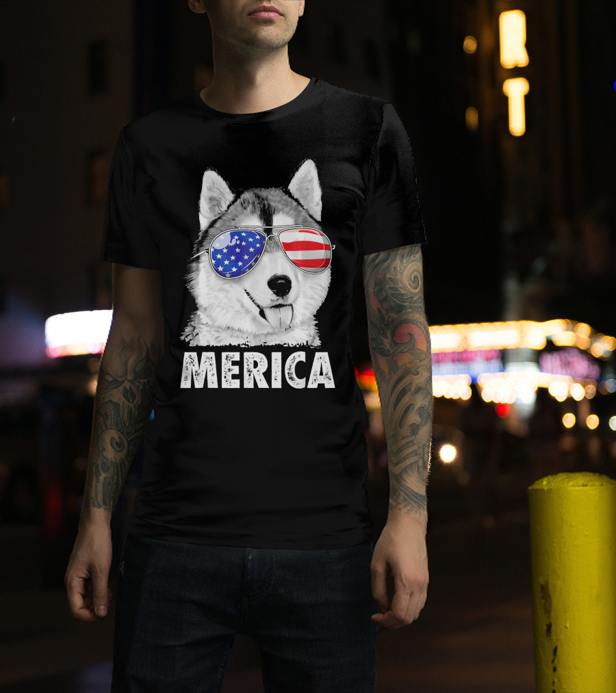Siberian Husky Merica With 4th Of July American Flag Sunglasses T-Shirt