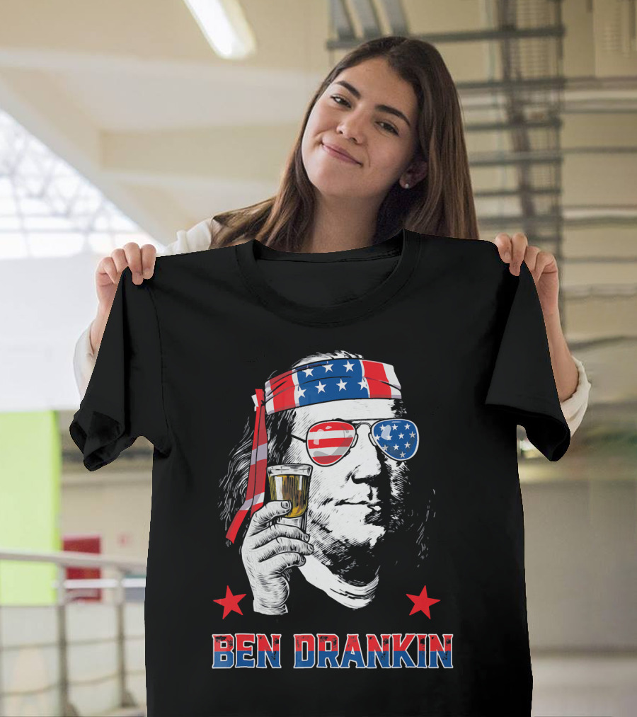 Ben Drankin American Flag Bandana and Sunglasses 4th of July Benjamin Franklin T-Shirt