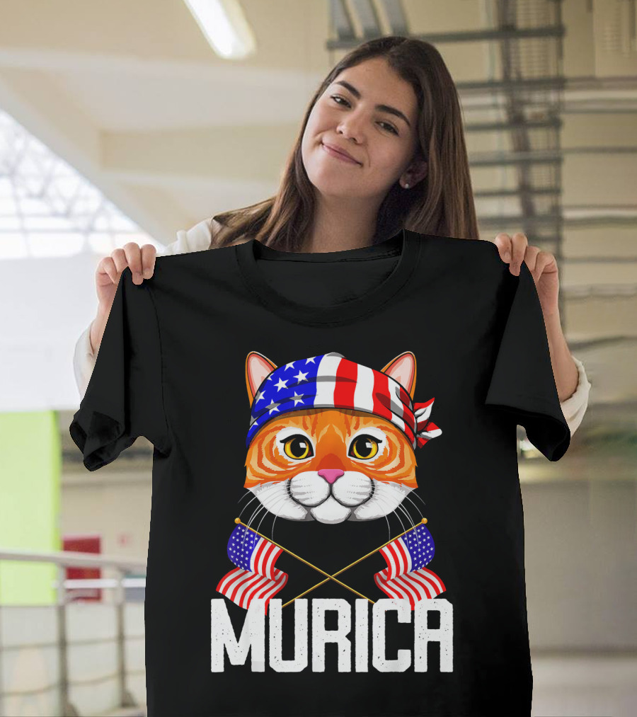 4th of July Murica Patriotic Cat with Bandana and Flags T-Shirt