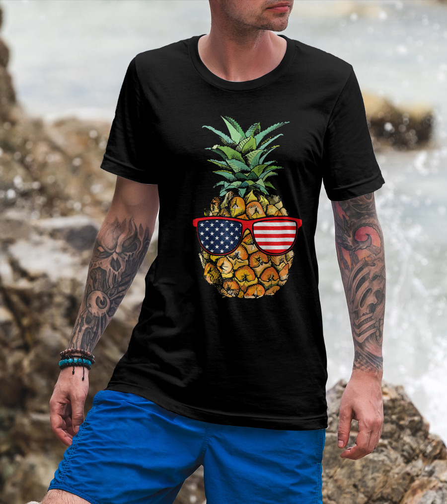 Funny Pineapple With American Flag Glasses Fourth Of July T-Shirt