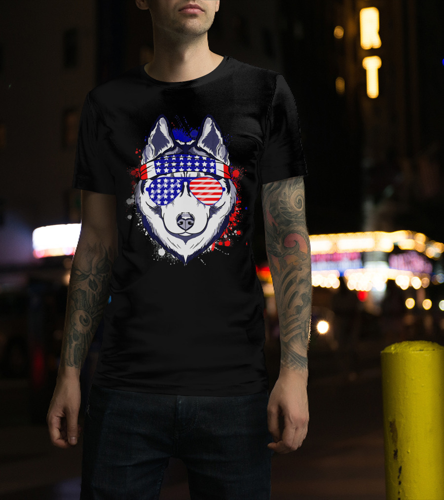 Siberian Husky American Flag Sunglasses Patriotic 4th Of July T-Shirt