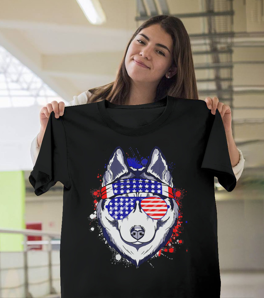 Siberian Husky American Flag Sunglasses Patriotic 4th of July T-Shirt