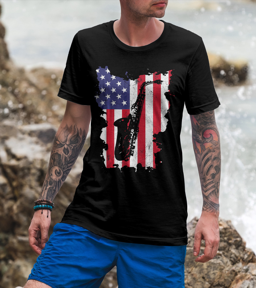 Saxophone USA Flag America Instrument T-Shirt