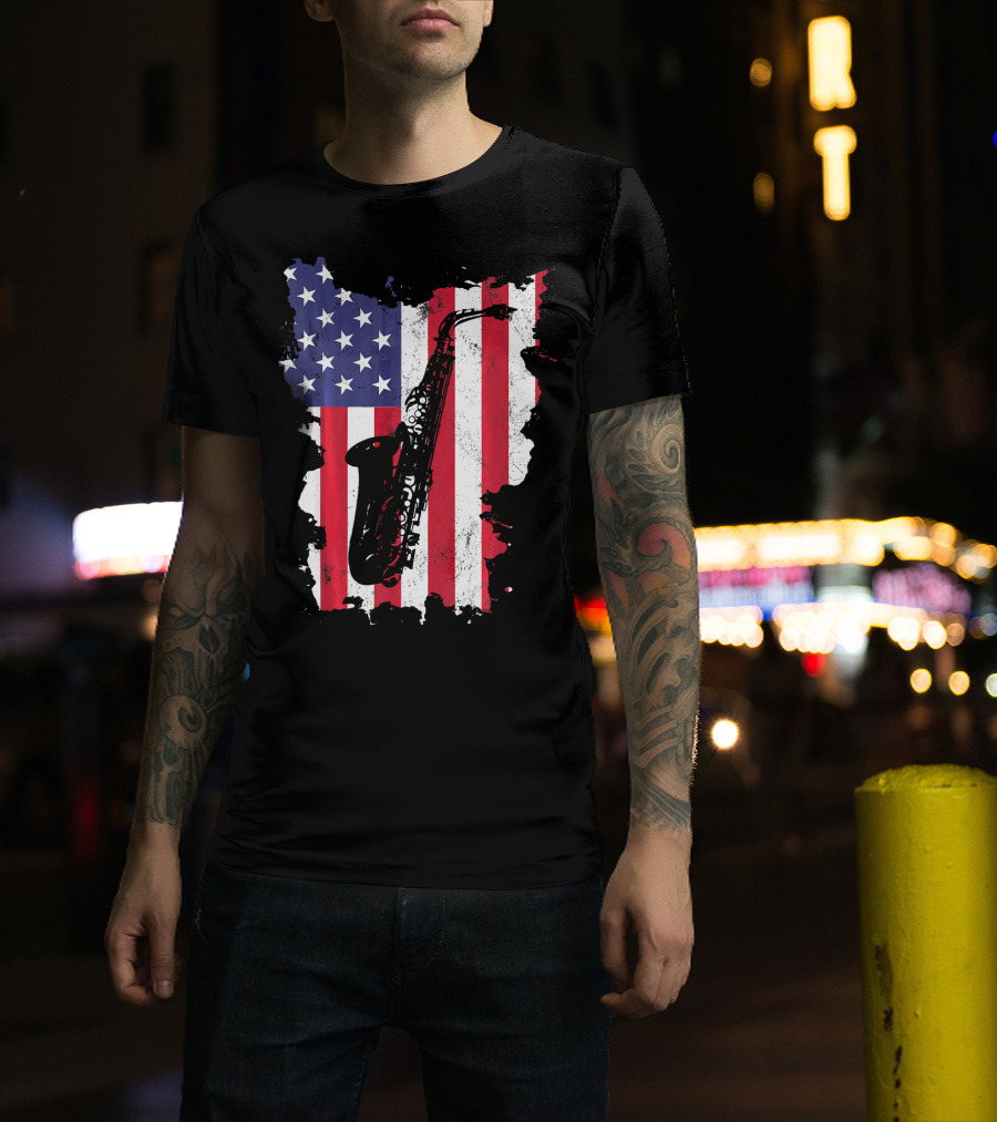 Saxophone USA Flag America Instrument T-Shirt