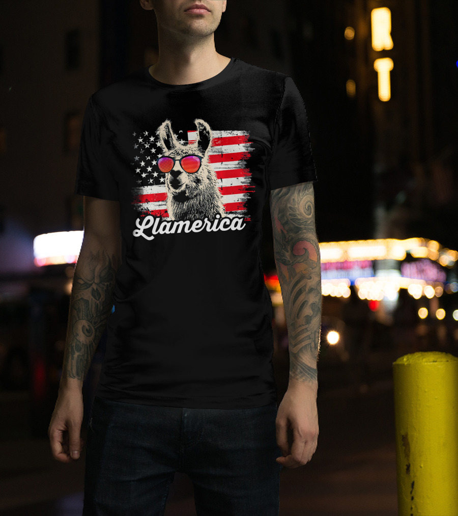 Llamerica Patriotic Llama With American Flag Sunglasses T-Shirt