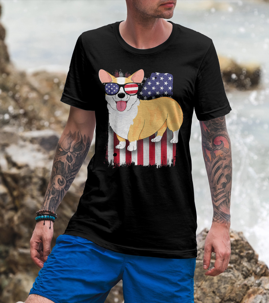 Corgi American Flag Sunglasses Patriotic Spirit T-Shirt