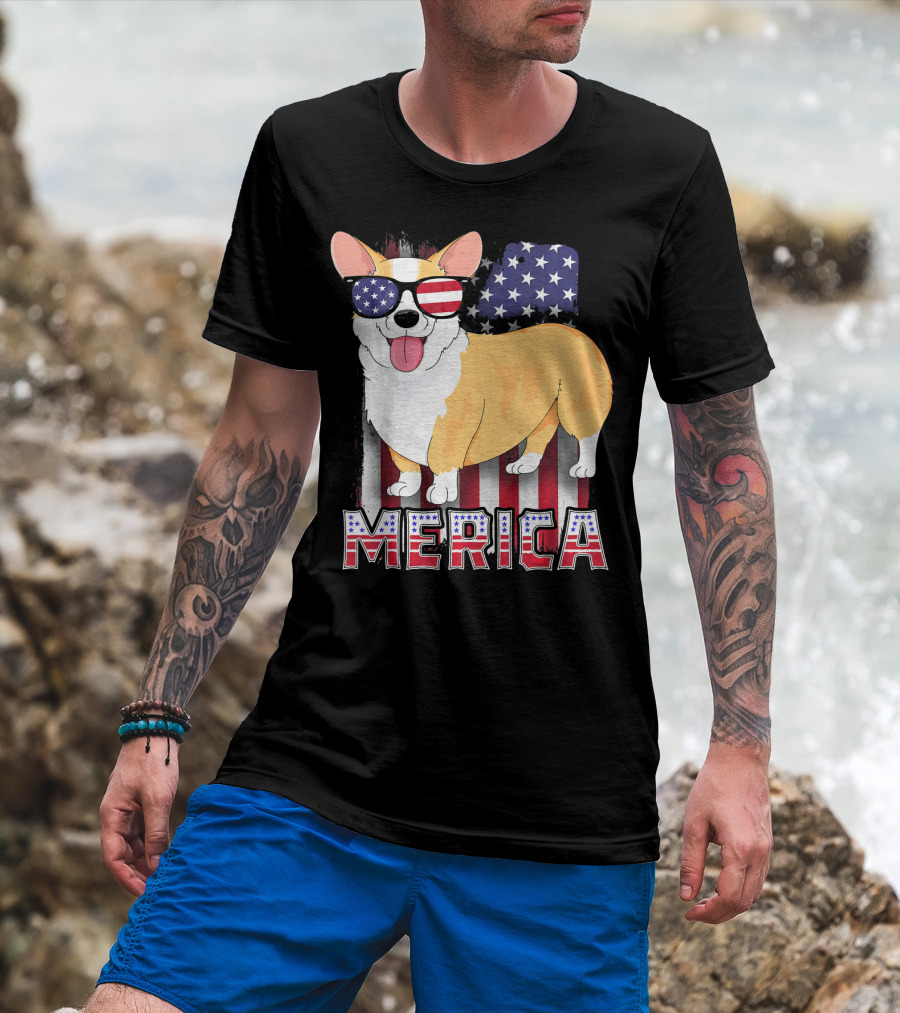 Corgi USA Merica Boys Patriotic Dog American Flag Sunglasses T-Shirt