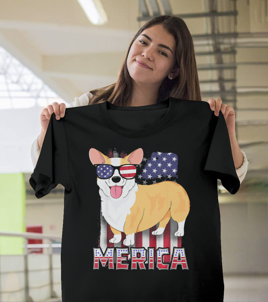Corgi USA Merica Boys Patriotic Dog American Flag Sunglasses T-Shirt