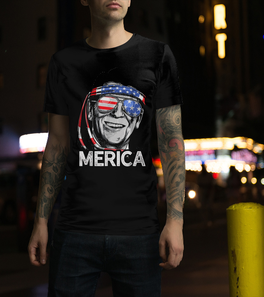 Ronald Reagan Merica Patriotic 4th Of July Sunglasses Stars Stripes T-Shirt