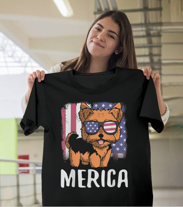 Merica Yorkie Dog American Flag Sunglasses USA T-Shirt