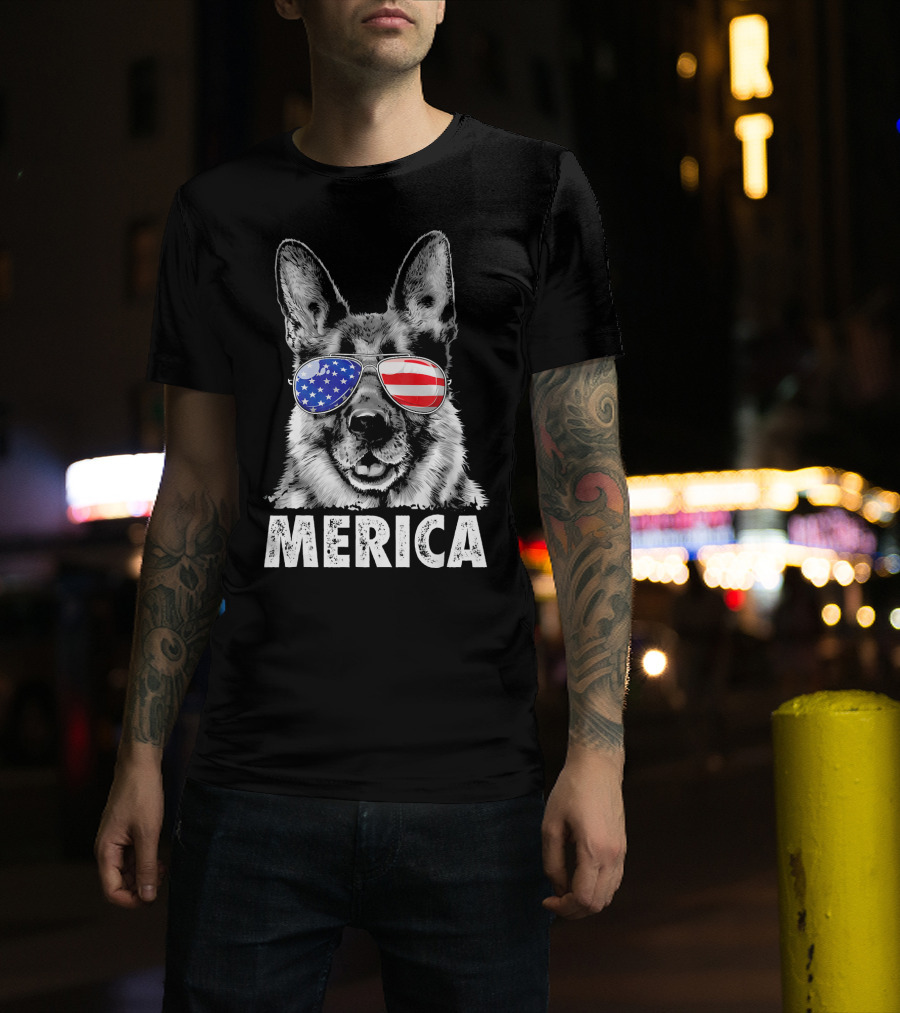 German Shepherd Merica 4th Of July American Flag Sunglasses T-Shirt