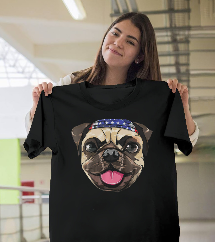 Pug Dog American Flag Bandana T-Shirt