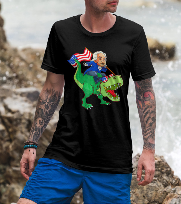 George Washington Riding Rex Dinosaur With American Flag And Sunglasses T-Shirt