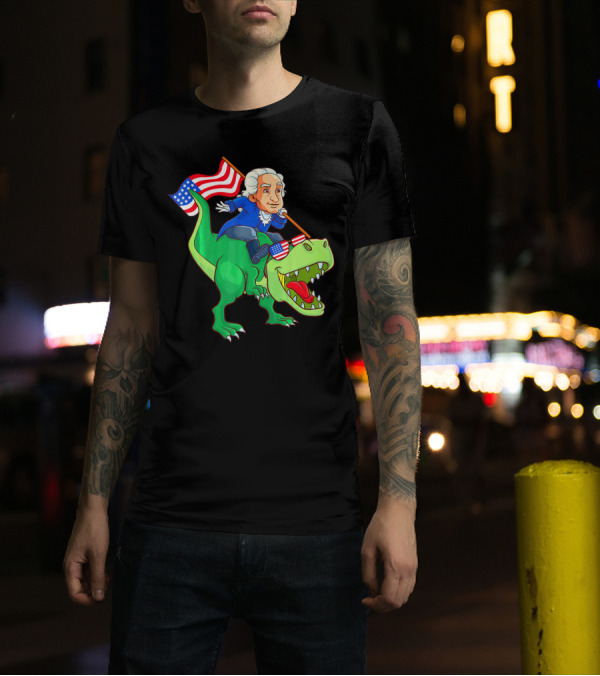 George Washington Riding Rex Dinosaur With American Flag And Sunglasses T-Shirt