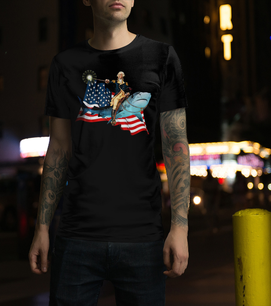 George Washington Patriotically Riding Shark With American Flag T-Shirt