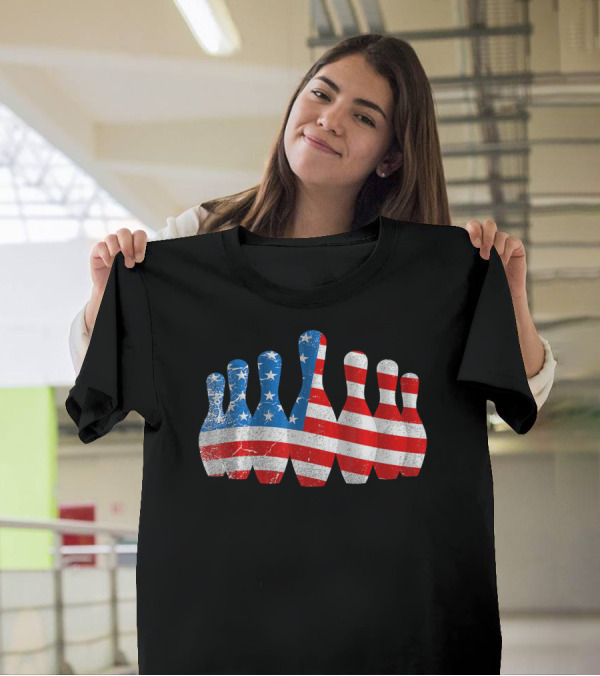 American Flag Bowling Pins Patriotic Bowler T-Shirt