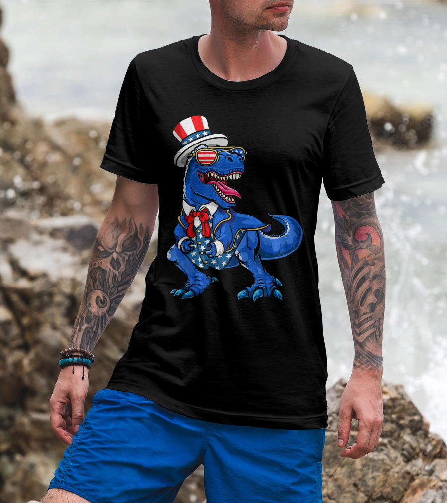 Patriotic Dinosaur With American Flag Hat And Glasses T-Shirt