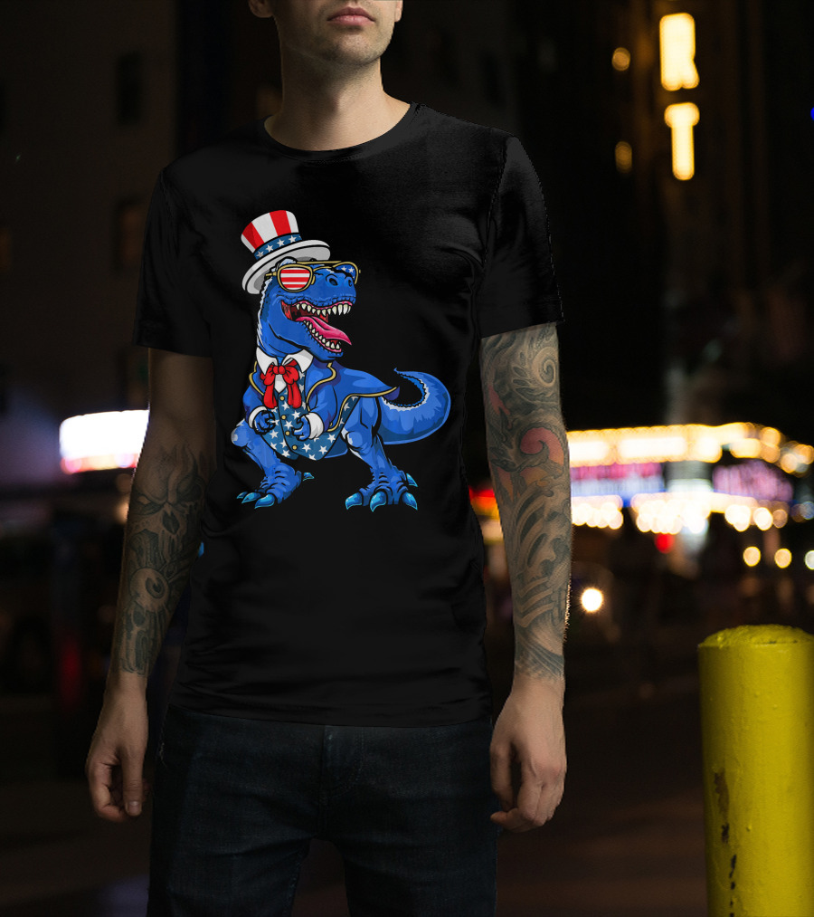 Patriotic Dinosaur With American Flag Hat And Glasses T-Shirt