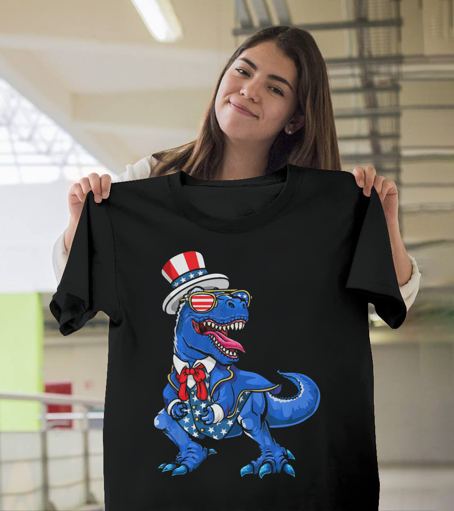 Patriotic Dinosaur With American Flag Hat And Glasses T-Shirt