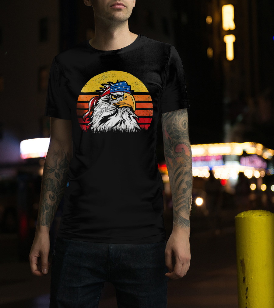 Retro Mullet Eagle With American Flag Bandana And Sunburst Patriotic T-Shirt
