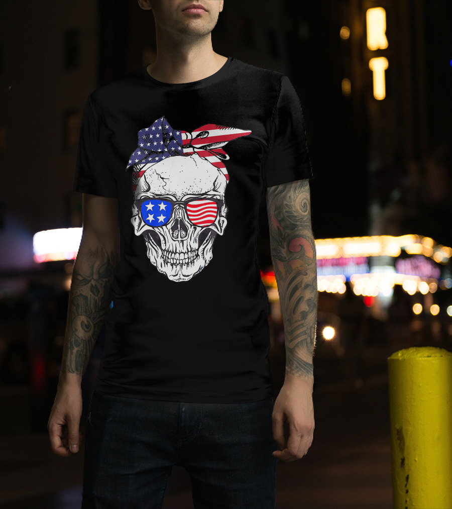 Patriotic Skull American Flag Bandana Sunglasses T-Shirt