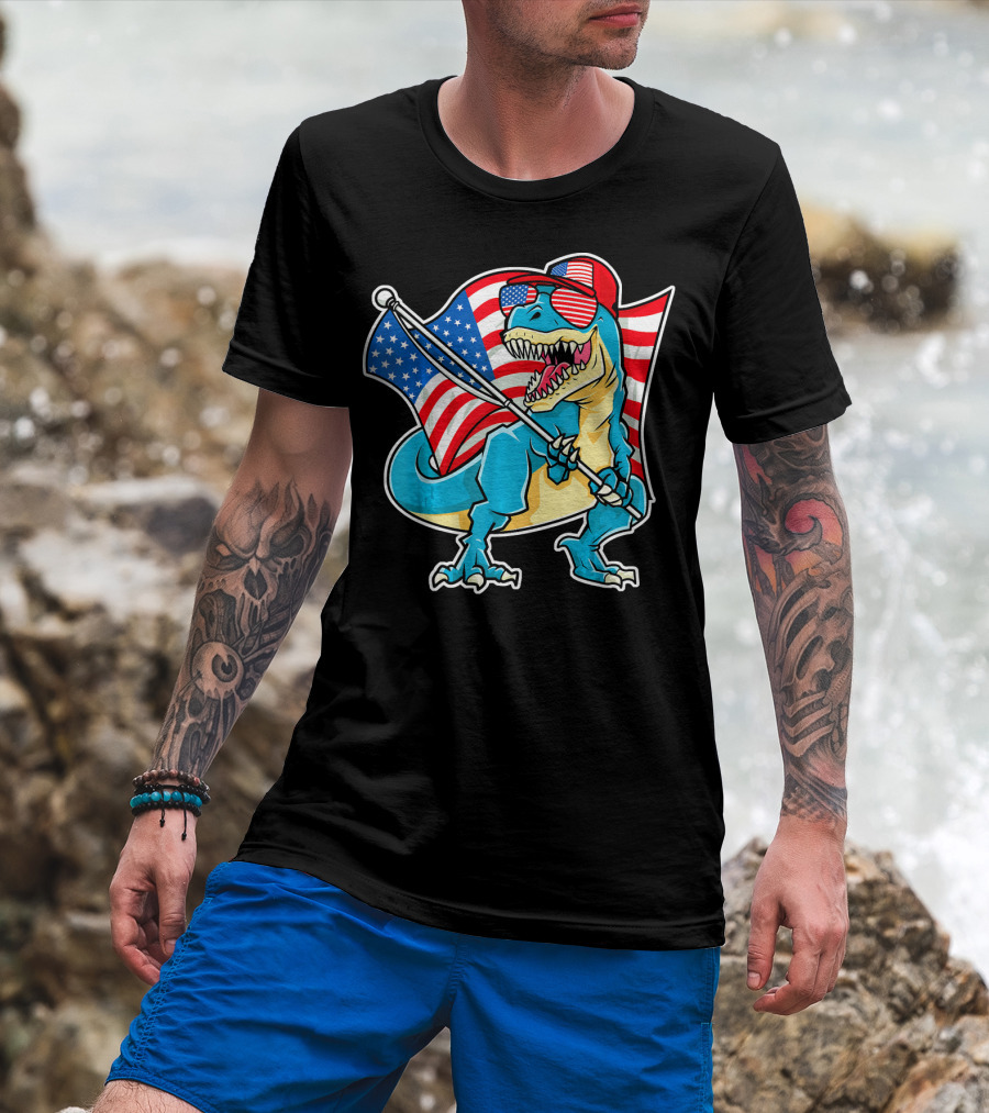Dinosaur 4th Of July Rex With American Flag And Sunglasses T-Shirt
