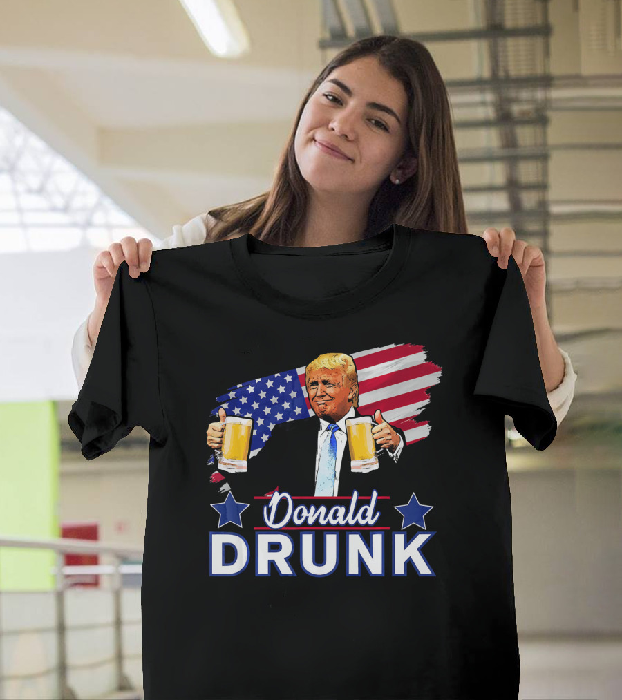 Donald Drunk Trump 4th of July Funny Drinking Beer USA Flag T-Shirt