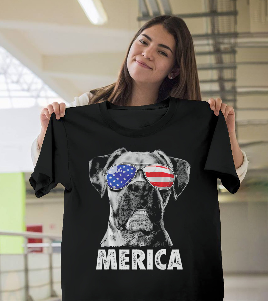 Merica Boxer Dog with American Flag Sunglasses T-Shirt