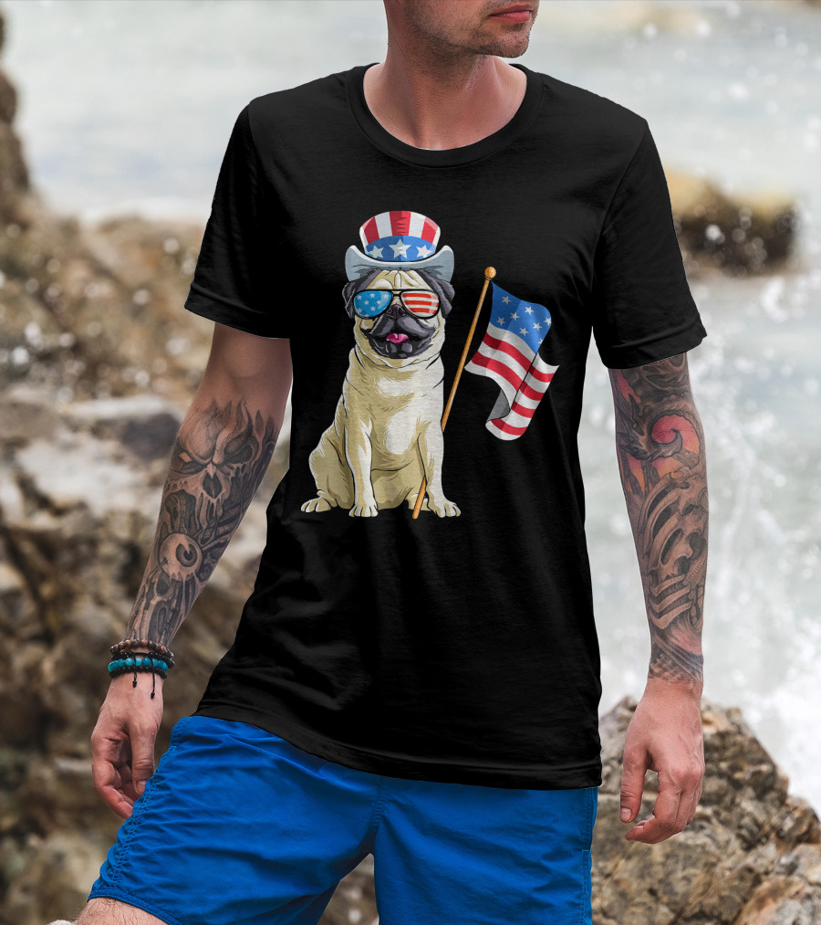 Pug In Patriotic Hat And Sunglasses Holding American Flag T-Shirt