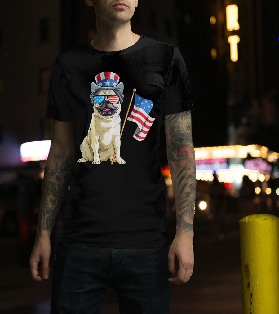 Pug In Patriotic Hat And Sunglasses Holding American Flag T-Shirt