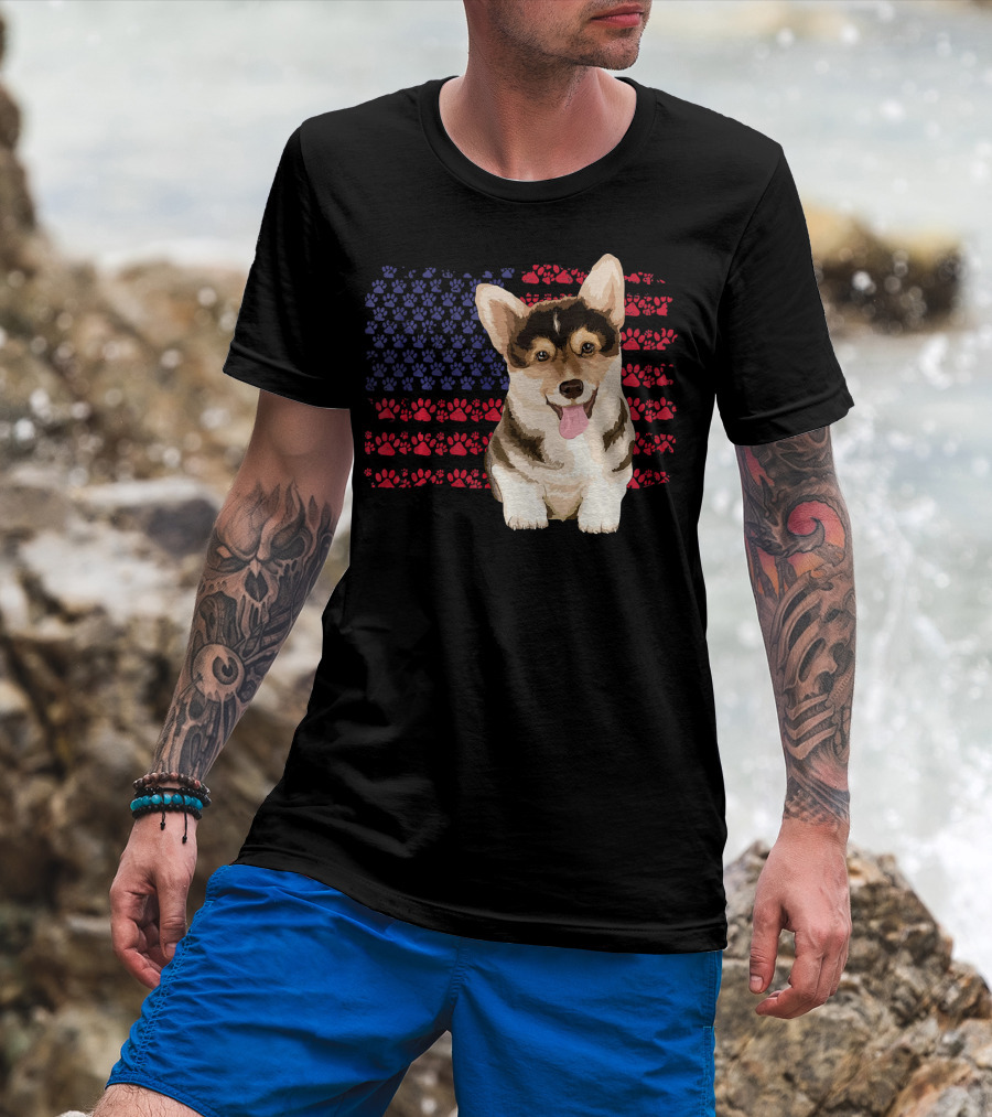 American Flag Corgi Dog With Paw Prints T-Shirt