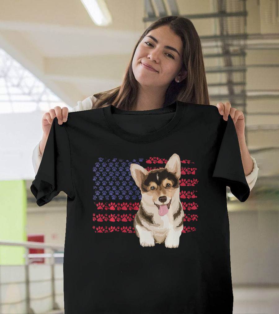 American Flag Corgi Dog With Paw Prints T-Shirt